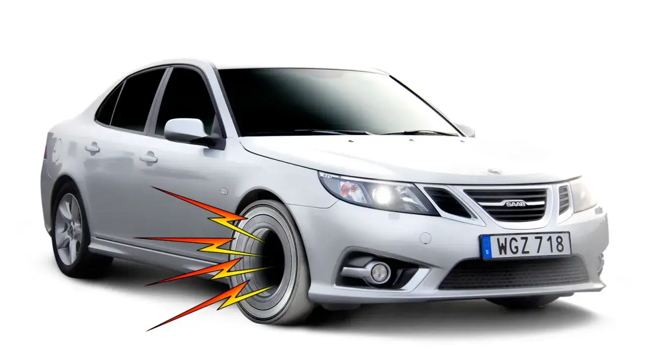 Silver Saab med en illustration av ett trasigt hjullager som avger ljud och ljus.