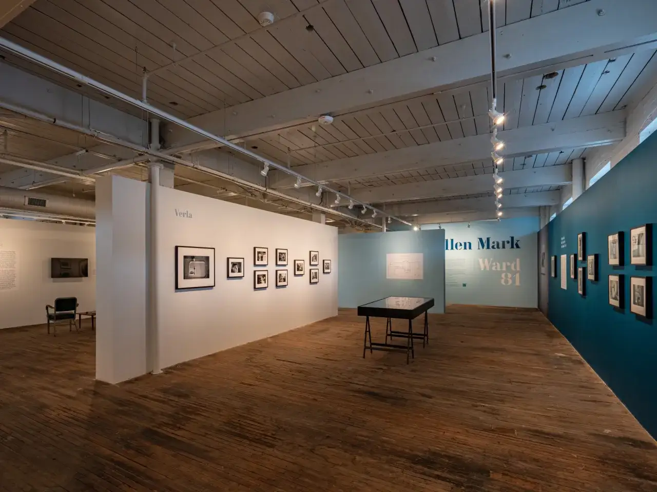 Exhibition at the Center for Photography at Woodstock, featuring black and white photographs on white walls and a blue wall.