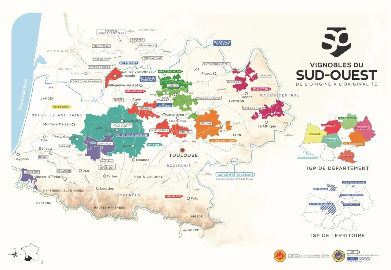 Carte des vignobles du Sud-Ouest, mettant en avant les appellations de vin rouge du sud de la France.