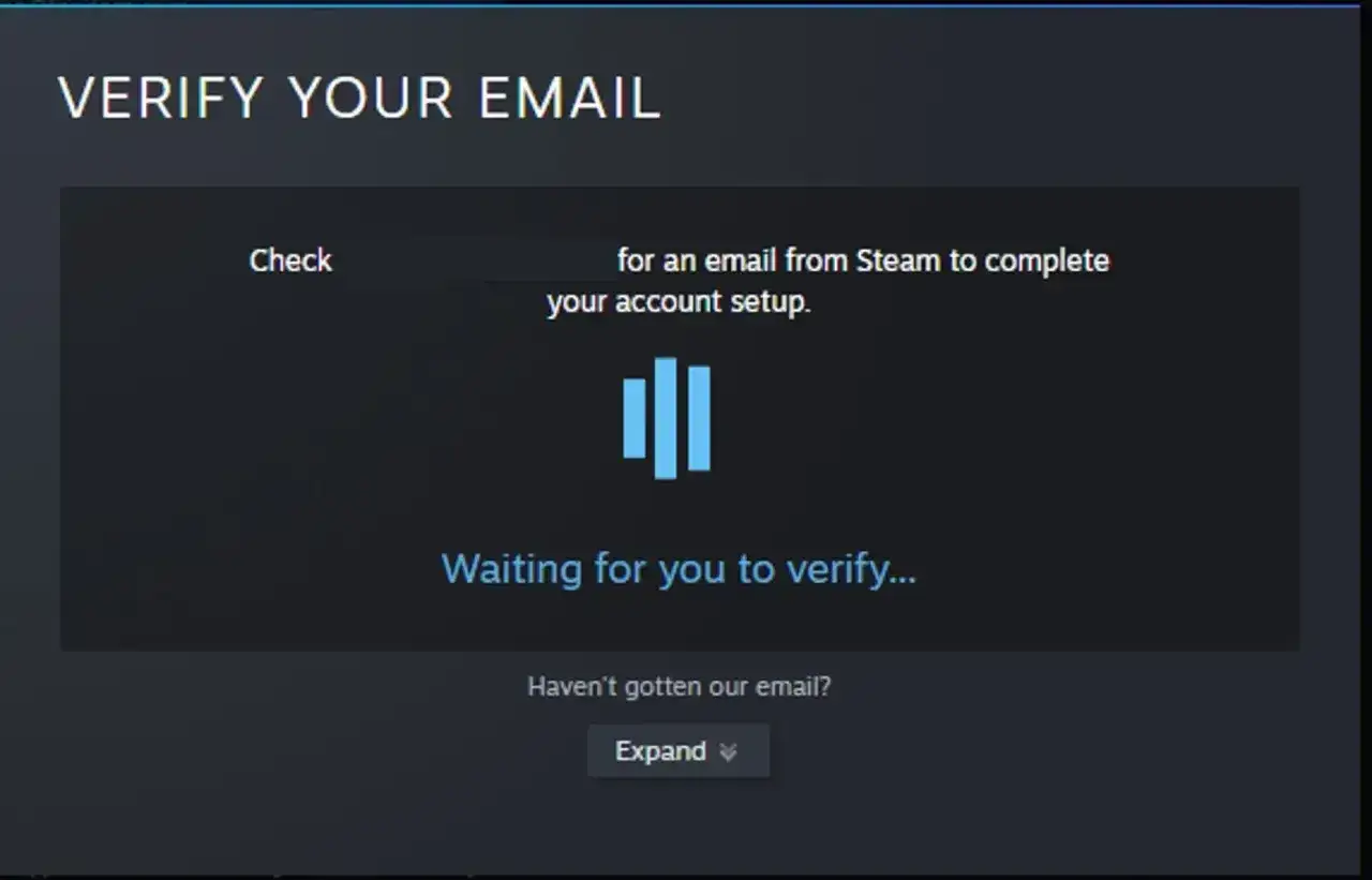 Ekran weryfikacji email Steam. Proces jak stworzyć konto na Steam wymaga potwierdzenia adresu.