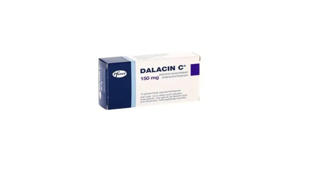 Opakowanie Dalacin C 150 mg. Przed użyciem zapoznaj się z ulotką dotyczącą dawkowania.