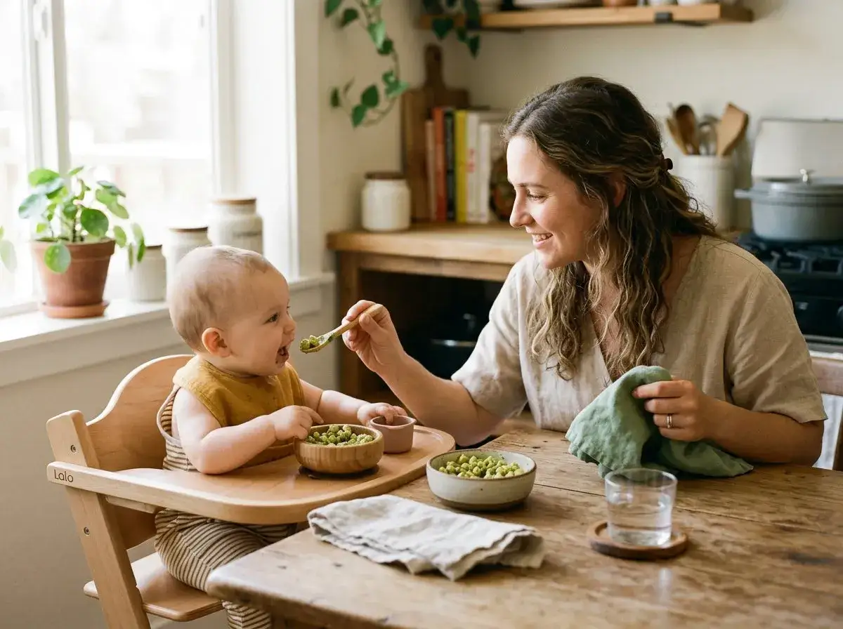 Mutter f&uuml;ttert Baby mit L&ouml;ffel Brei. Ob das Baby Pesto aus dem Glas essen darf, ist hier nicht zu sehen, aber es schmeckt!