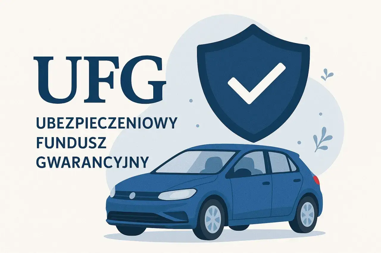 UFG - Ubezpieczeniowy Fundusz Gwarancyjny chroni Twoje OC. Ilustracja z niebieskim samochodem i tarczą symbolizującą bezpieczeństwo.
