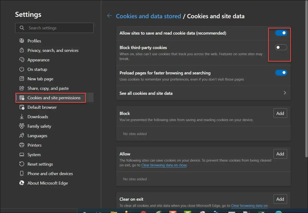 Ustawienia przeglądarki Microsoft Edge: sekcja 