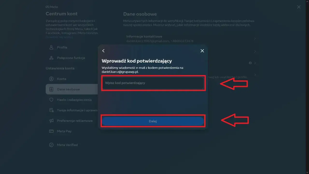 Potwierdź zmianę email na FB, wpisując kod z wiadomości. Kliknij