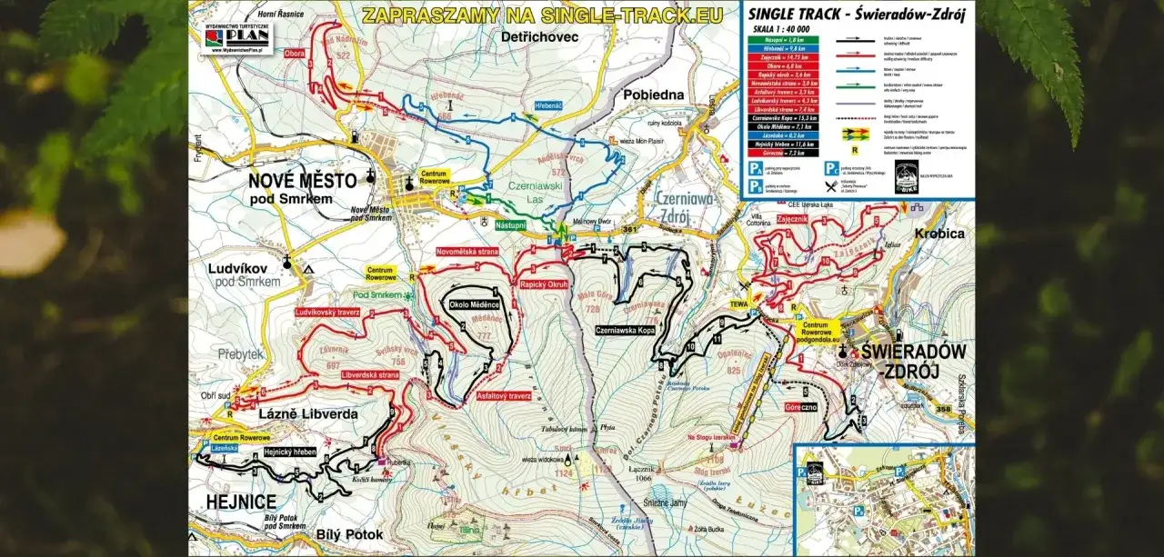 Mapa tras rowerowych w Górach Izerskich. Pokazuje single tracki, punkty startowe i centra rowerowe.