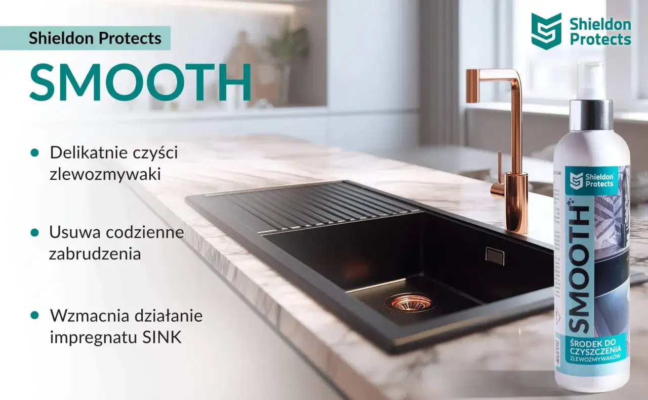 Płyn do zlewu granitowego Shieldon Protects SMOOTH delikatnie czyści i usuwa codzienne zabrudzenia, wzmacniając działanie impregnatu.
