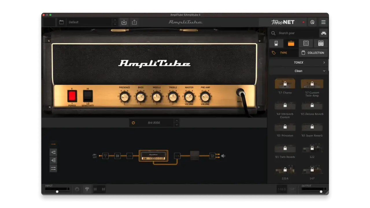 Interface du meilleur simulateur ampli guitare AmpliTube 5, montrant un ampli virtuel et une cha&icirc;ne d'effets.