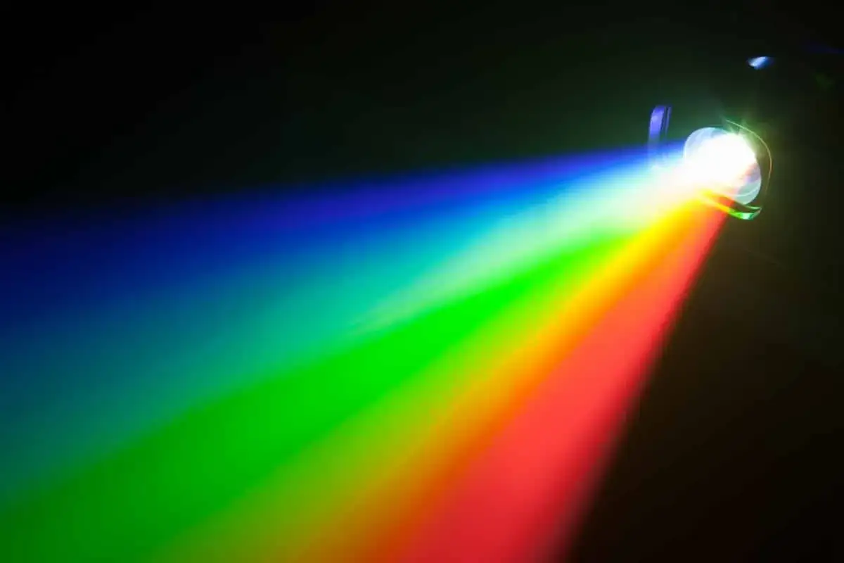 A beam of light splits into red, green, and blue, illustrating what RGB stands for in lighting.