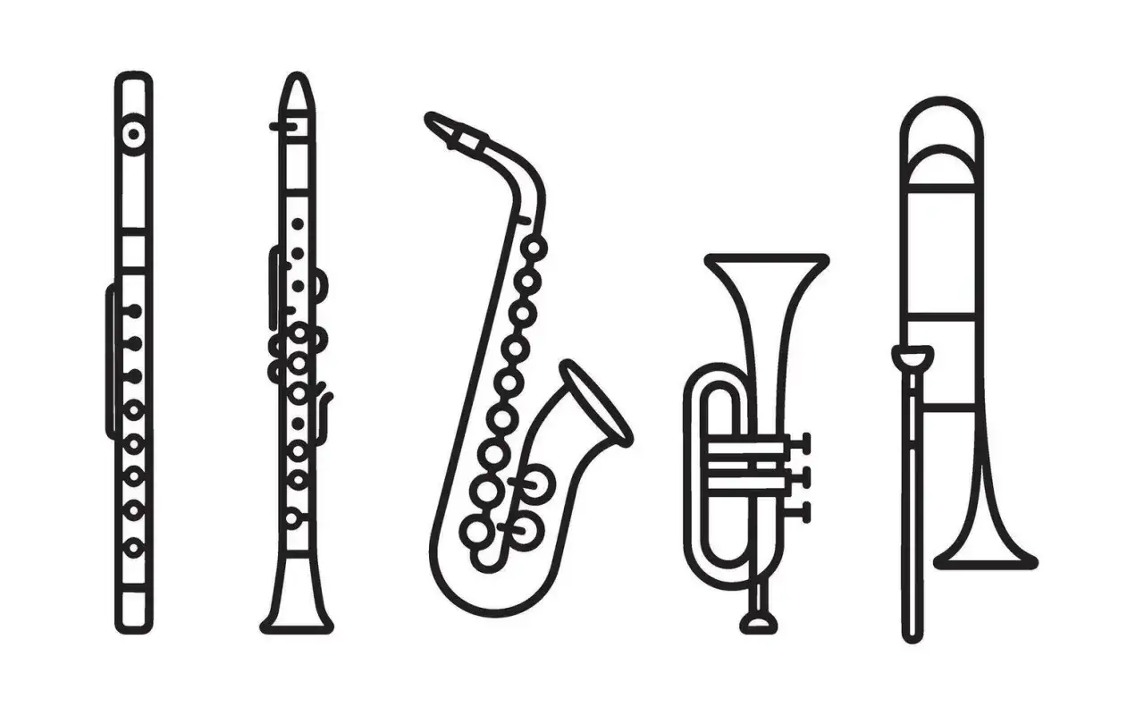 Instrumenty dęte: flet, klarnet, saksofon, trąbka i puzon. Trąbka należy do grupy instrumentów dętych blaszanych.