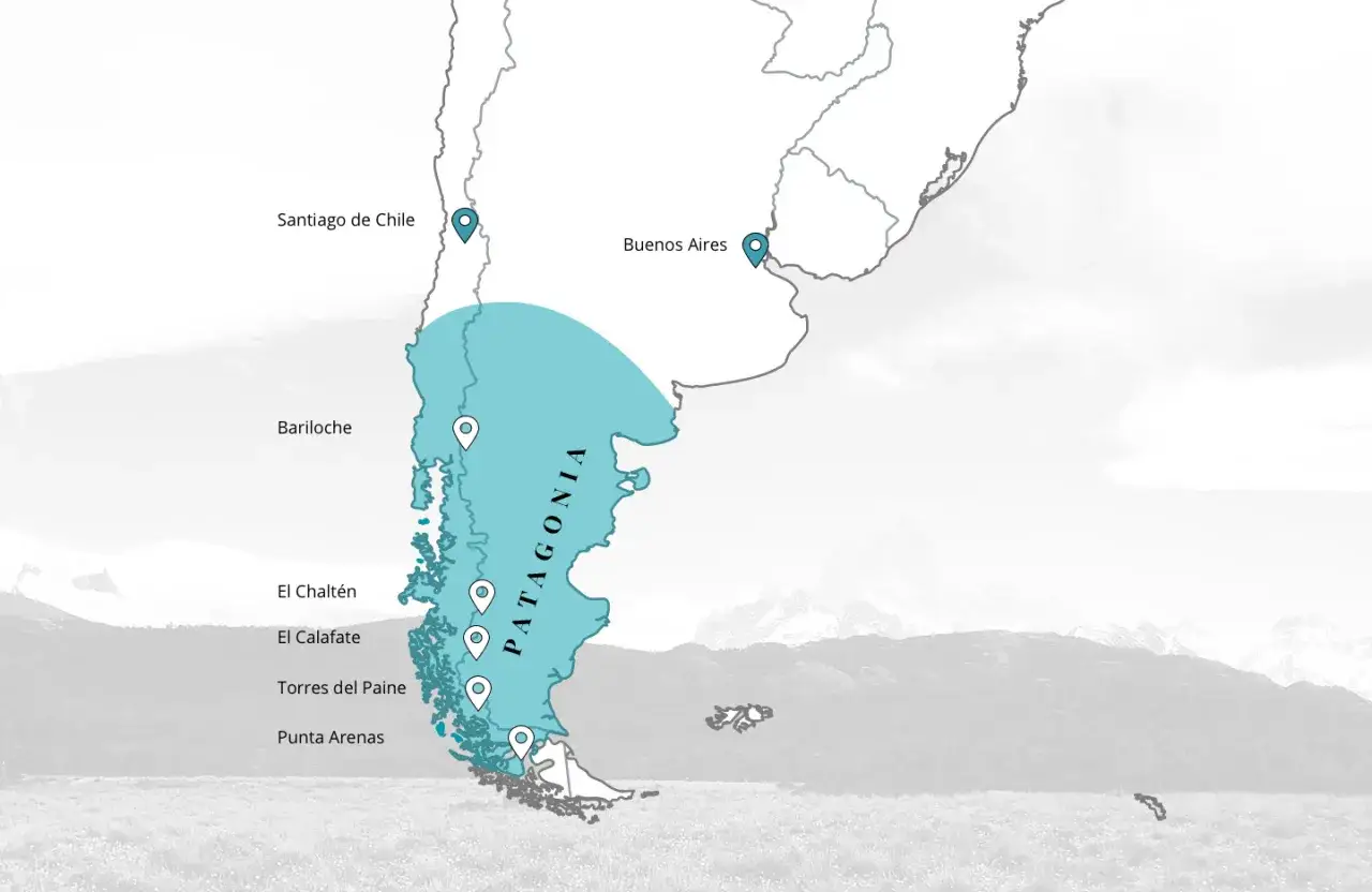 Karte für eine Patagonien Rundreise 3 Wochen. Zeigt Route von Santiago de Chile über Bariloche, El Chaltén, El Calafate, Torres del Paine bis Punta Arenas.