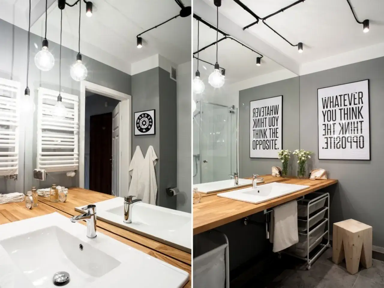 Nowoczesne lustro łazienkowe loft z drewnianym blatem i designerskimi lampami.