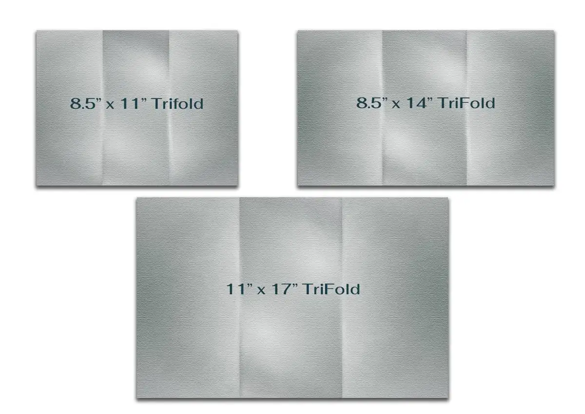 Three trifold brochure sizes are shown: 8.5