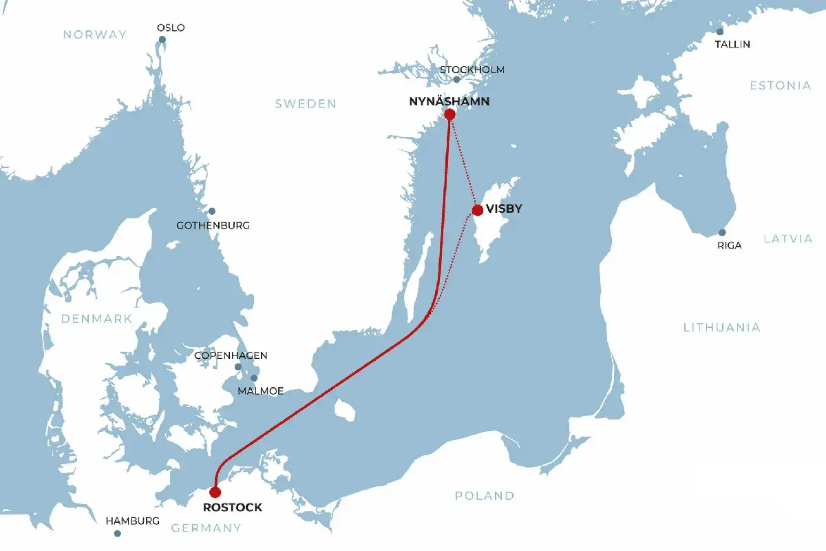 Trasa promu z Polski na Gotlandię przez Bałtyk, łącząca Rostock ze szwedzkim Nynäshamn i Visby.
