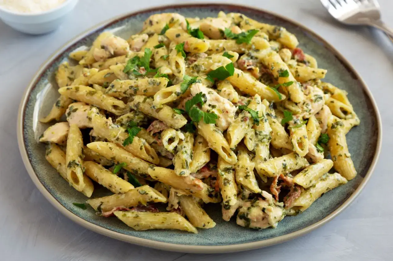 Penne z kremowym sosem, kawałkami kurczaka i zielonymi ziołami. Pyszny makaron ze szpinakiem i kurczakiem, udekorowany natką pietruszki.