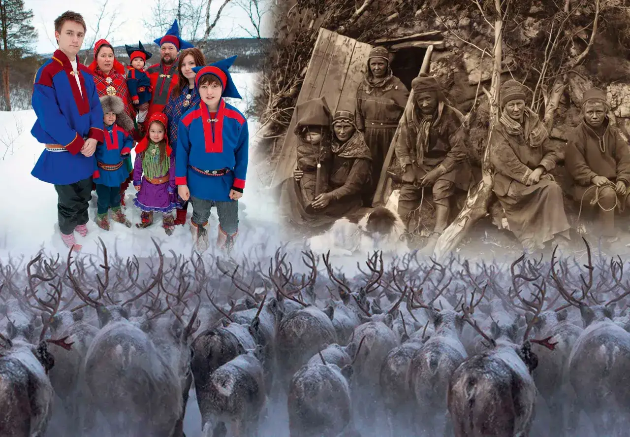 Sami people Sweden: en modern familj i traditionella kläder står framför en flock renar, med en historisk bild av samer i bakgrunden.