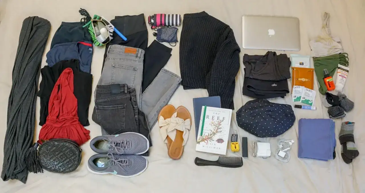 Packliste Australien: Kleidung, Schuhe, Laptop, Buch, Sonnencreme und mehr. Alles f&uuml;r die Reise bereit.