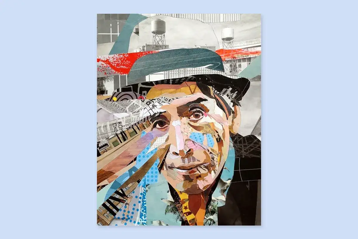 Collage portrait of a man in a hat, with layers of paper creating a sense of transparency in art, revealing urban landscapes and textures.