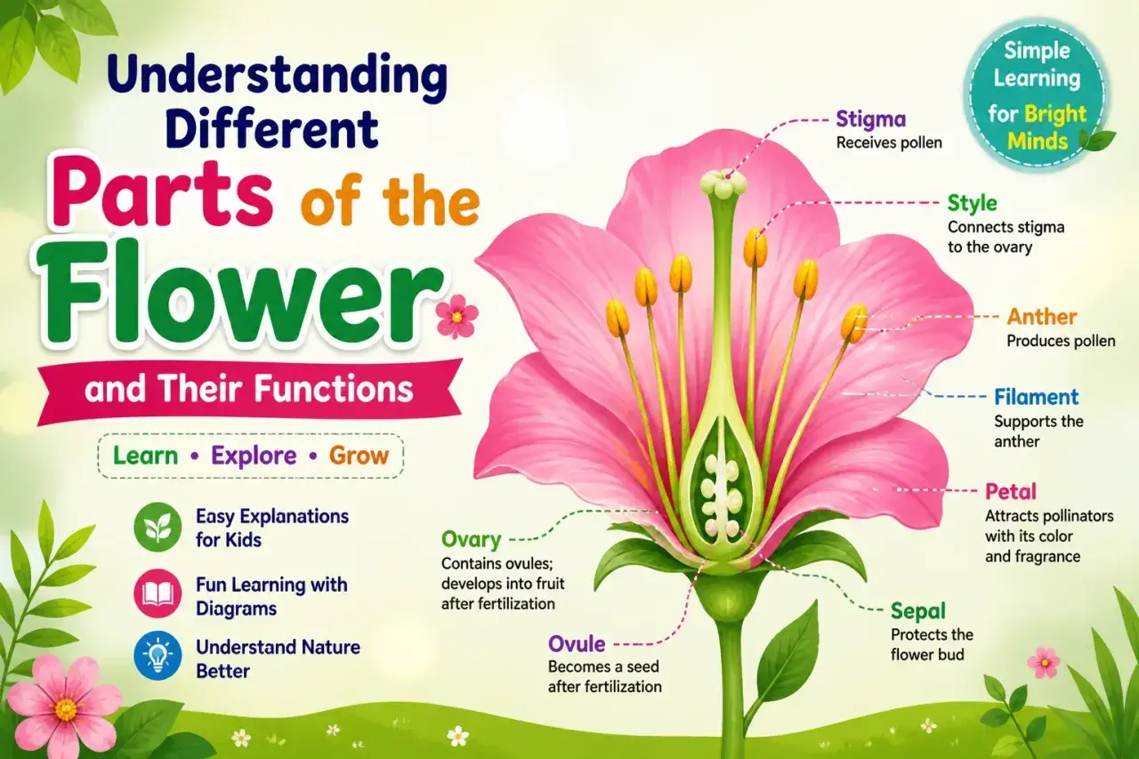 Ilustración didáctica de las partes de la flor para niños, mostrando estigma, estilo, antera, filamento, pétalo, ovario y óvulo.