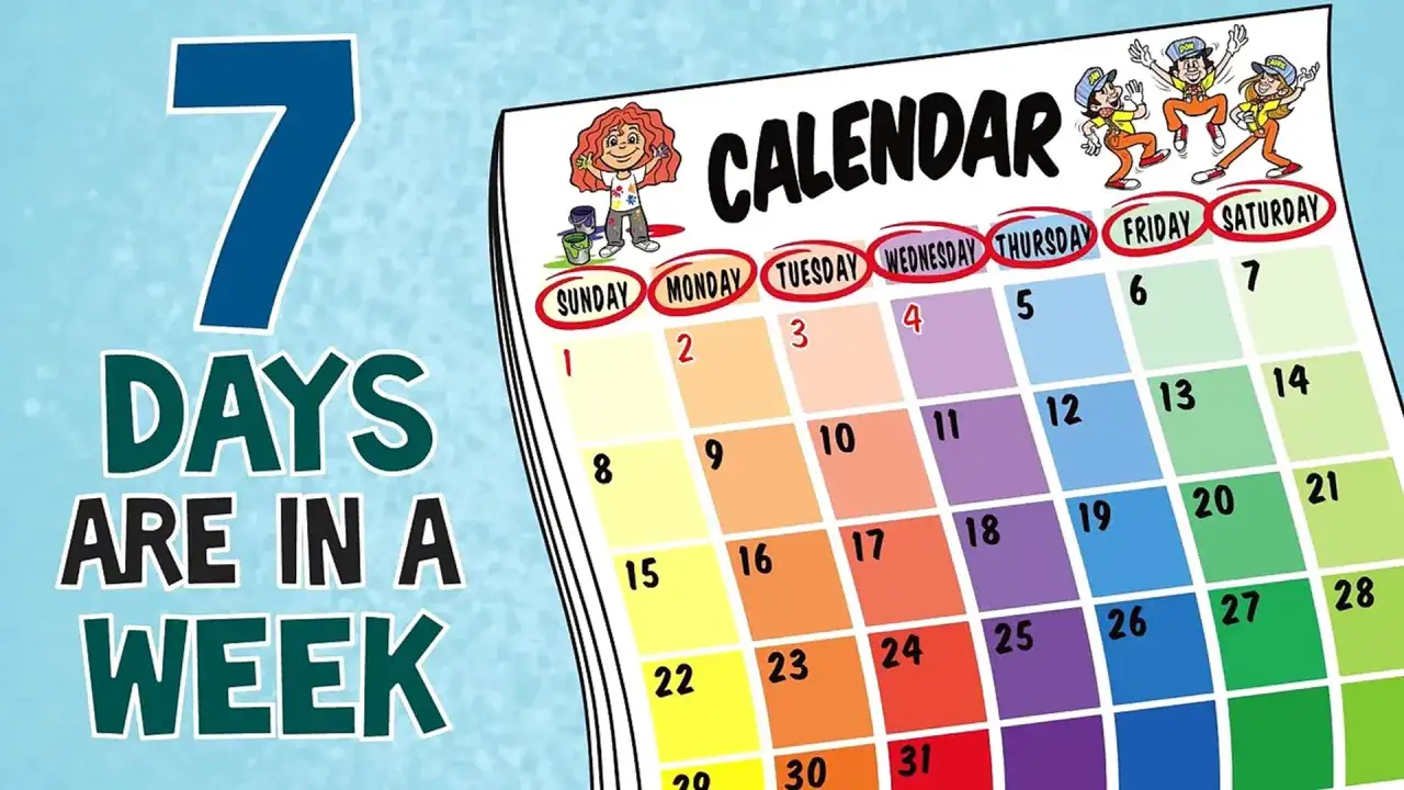 Calendario colorato con i giorni della settimana in inglese, da Sunday a Saturday, per imparare la canzone dei giorni della settimana.