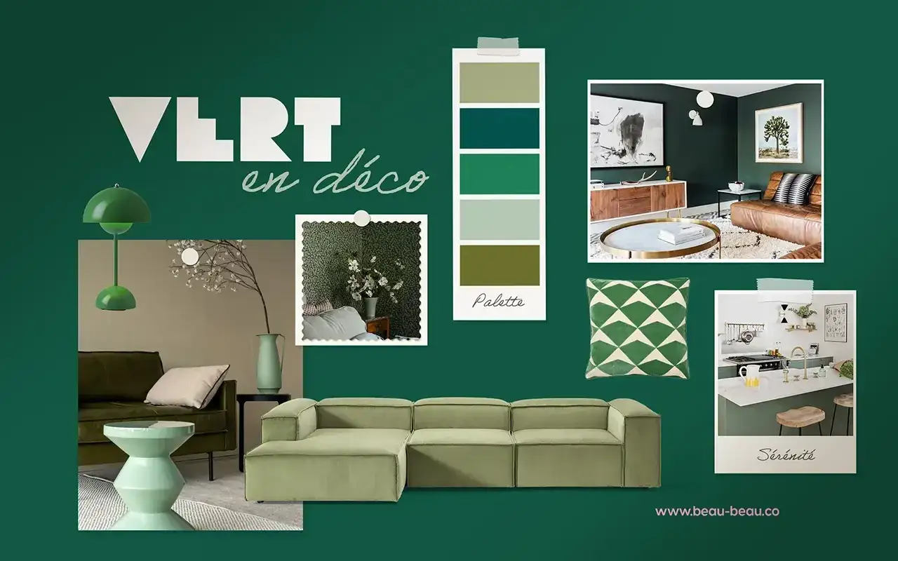 Inspiration déco : avec quelle couleur associer le vert pour une ambiance sereine. Palette de verts, canapé, coussin, cuisine et salon.