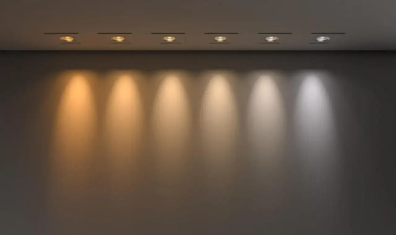 Sześć punktowych lamp sufitowych emituje światło o różnej barwie, od ciepłej żółci po chłodną biel, ilustrując wpływ współczynnika oddawania barw na oświetlenie.