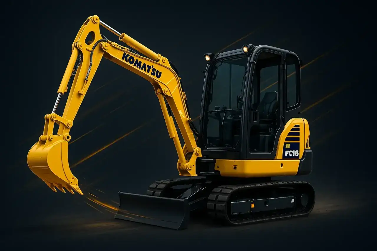 Żółta mini koparka Komatsu PC16 gotowa do pracy.