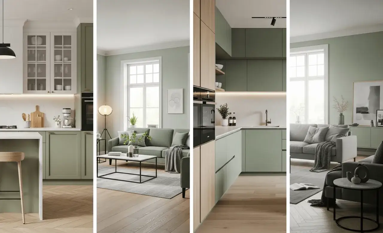Grüne Wandfarben-Trends im Wohnzimmer: Moderne Küche und gemütliches Wohnzimmer mit stilvollen Möbeln und Dekoration.