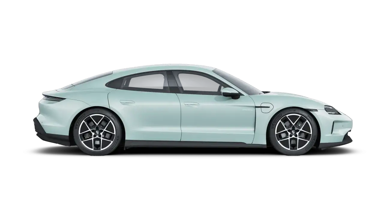 Jasnozielony Porsche Taycan 4S z profilu, z widocznymi felgami i napisem 