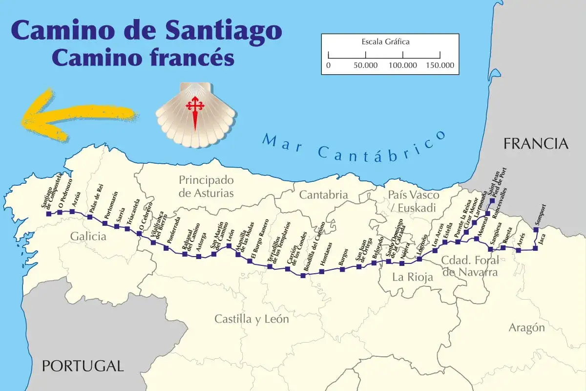 Mapa Camino de Santiago, Camino francés. Trasa od Santiago de Compostela do Roncesvalles, przez Hiszpanię i Francję.