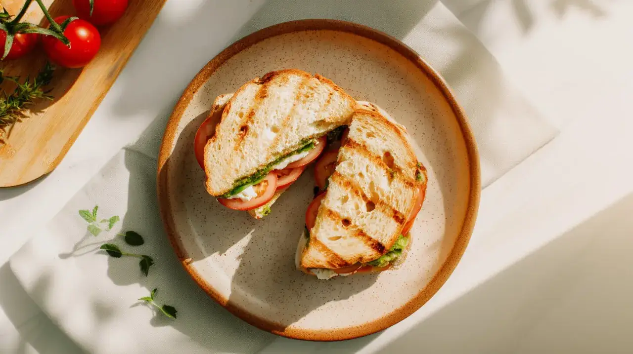 Pyszne, grillowane kanapki z pesto, mozzarellą i pomidorami, podane na talerzu.