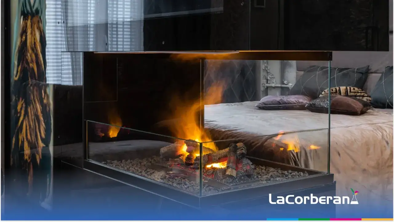 Chimenea moderna con sistema cristal limpio, fuego crepitante y le&ntilde;os realistas, reflejando un dormitorio acogedor.