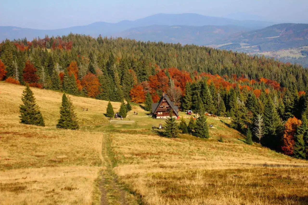 Jesienny krajobraz Beskidów. Drewniany domek schroniska na zboczu góry, otoczony lasem w barwach jesieni. Szlak turystyczny prowadzi przez trawiaste pola.