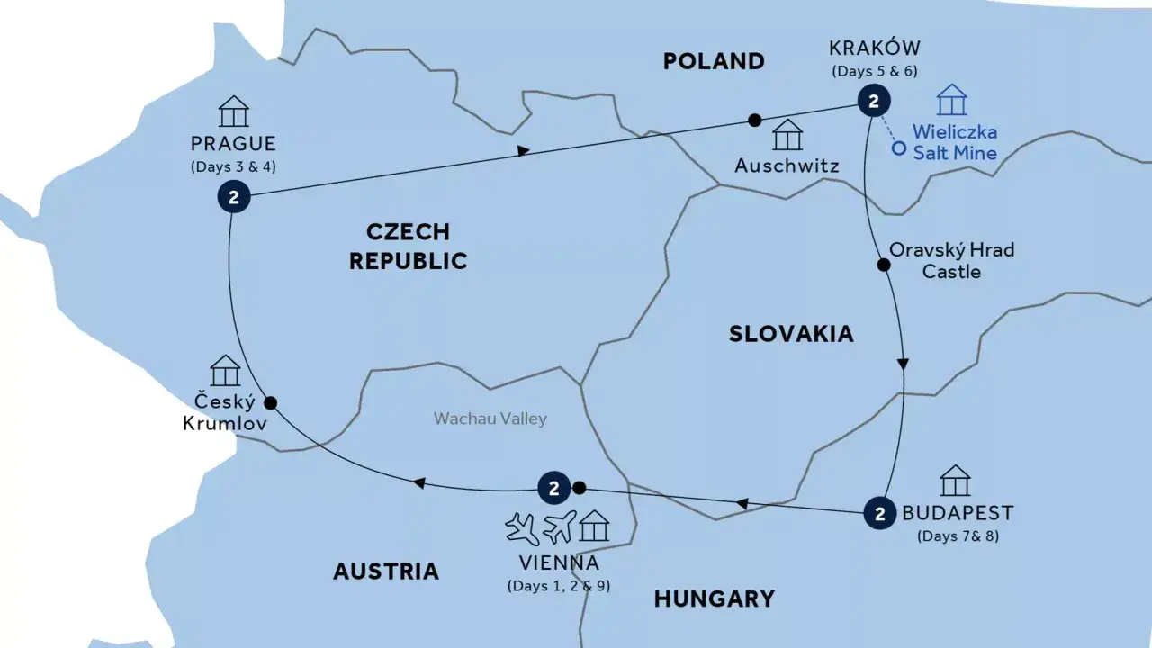 Trasa podróży: Wiedeń, Praga, Kraków w Polsce, Budapeszt i inne.