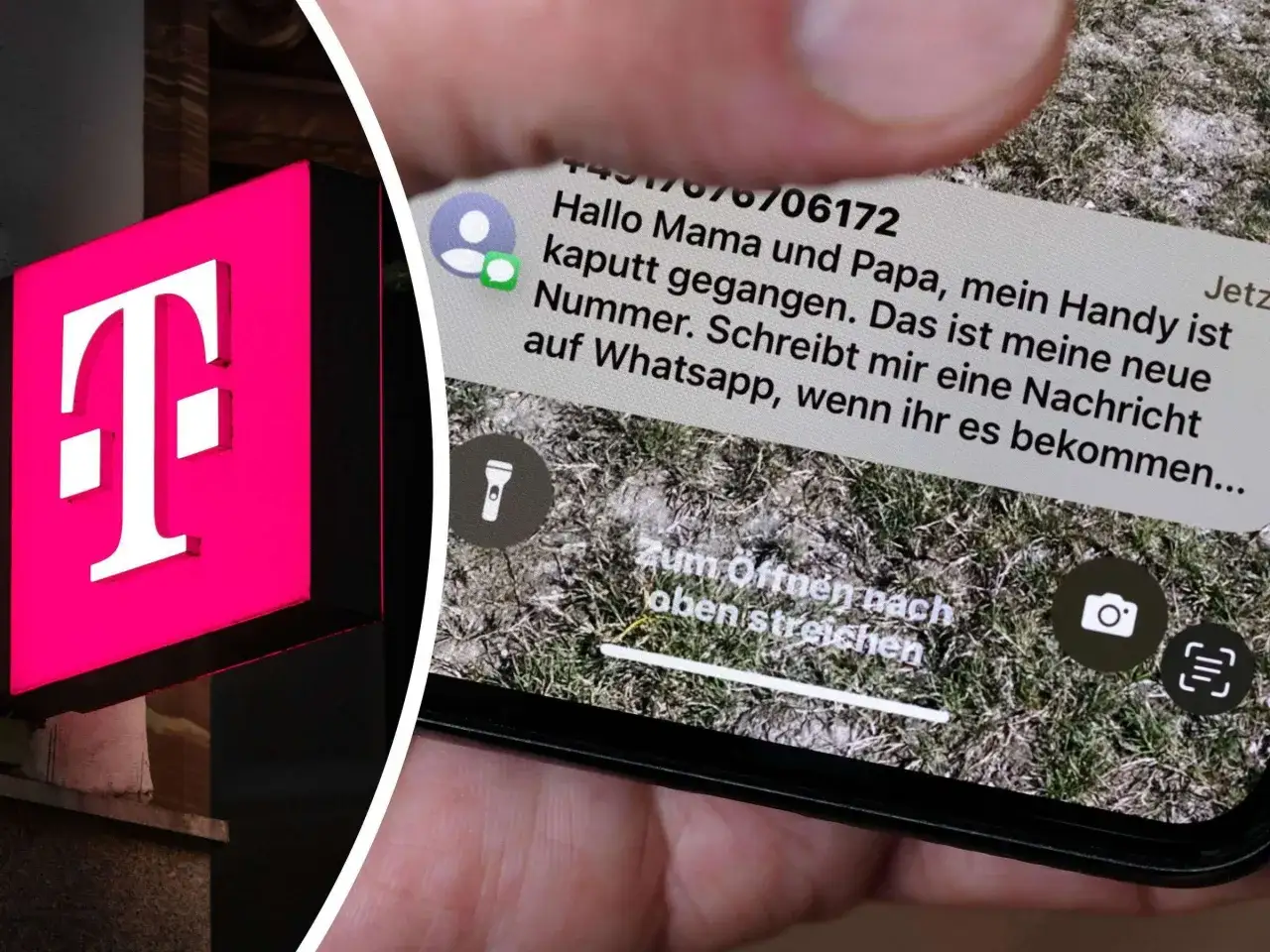 Warnung vor Smishing-Betrug: Eine Nachricht auf einem Handy fordert zur Kontaktaufnahme auf, während das T-Logo im Hintergrund erscheint.