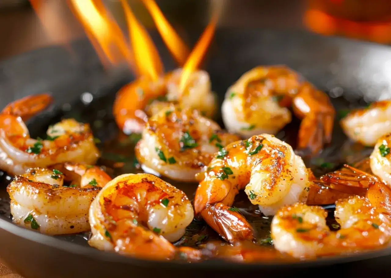 Crevettes juteuses, assaisonnées et parsemées de persil, prêtes à faire flamber dans une poêle. Un délice visuel et gustatif.