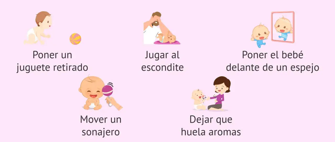Ilustraciones de estimulaci&oacute;n temprana: beb&eacute; gateando, jugando al escondite, frente a espejo, con sonajero y oliendo flores.