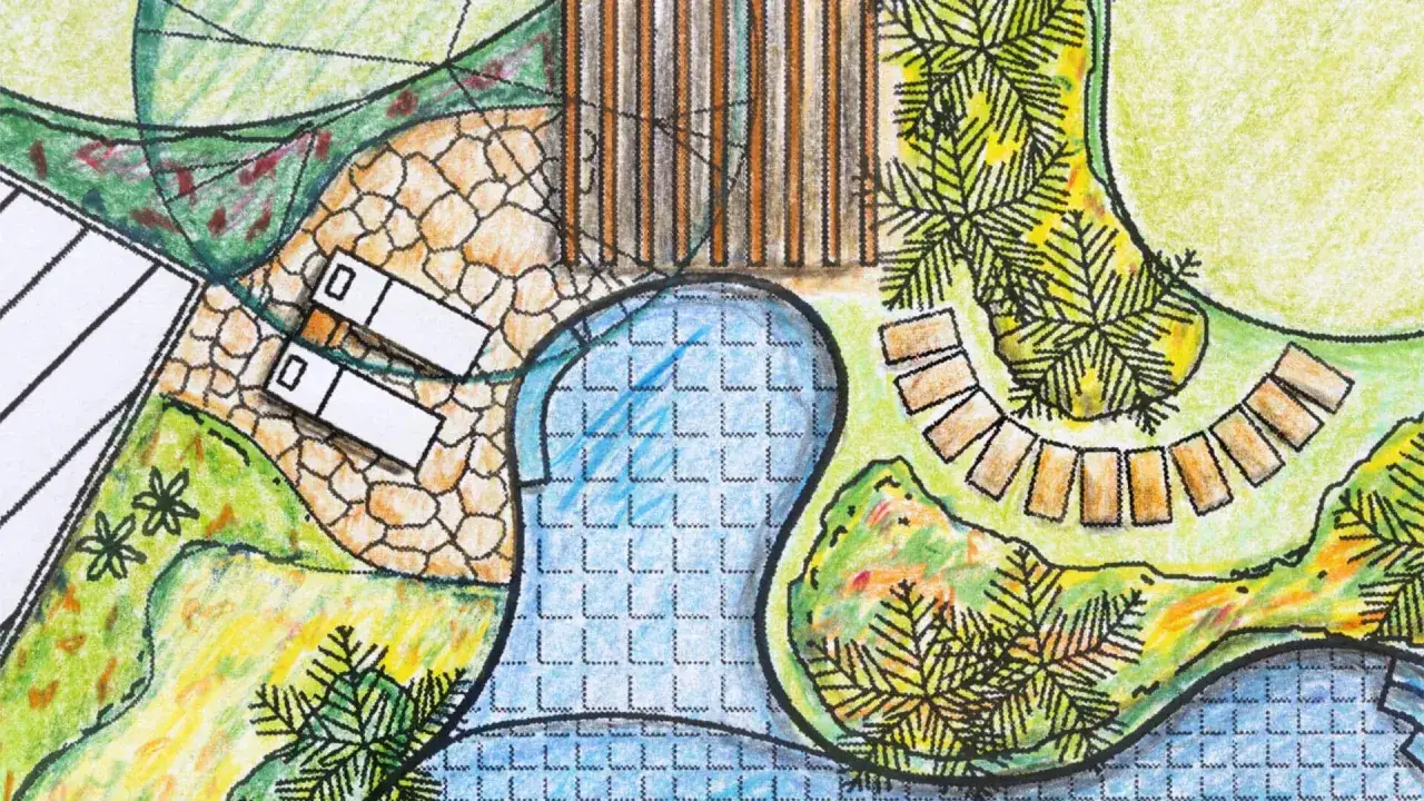 Entwurf einer Gartenanlage mit Teich, Liegen und Holzsteg. Perfekt, wenn man landschaftsarchitektur studieren möchte.