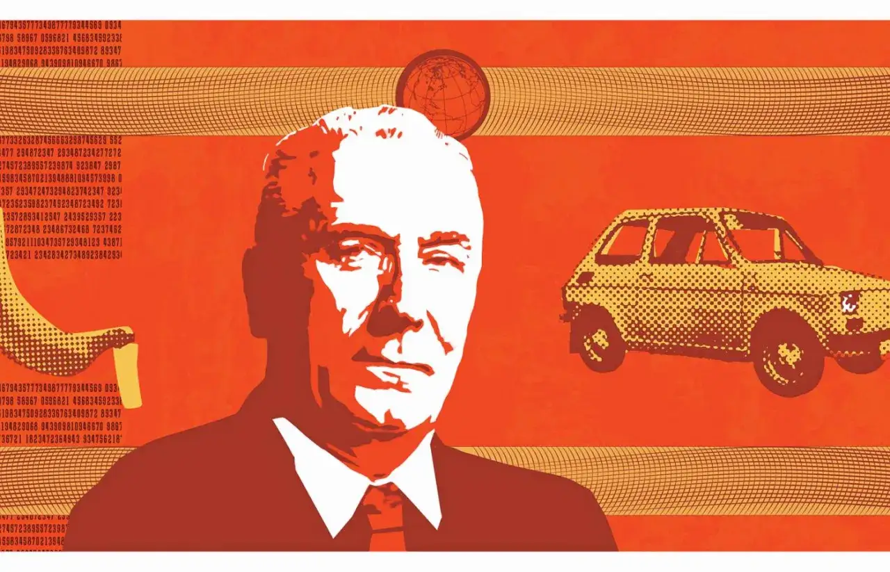 Portret Edwarda Gierka, obok Fiat 126p i globus. Ciekawostki z epoki PRL.