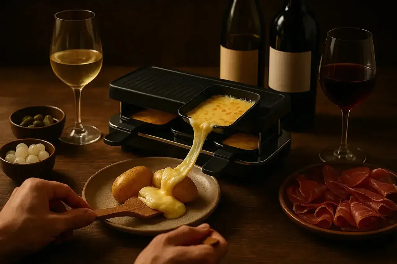 Raclette fondant sur des pommes de terre, accompagné de charcuterie et d'un verre de vin rouge de Savoie pour raclette.