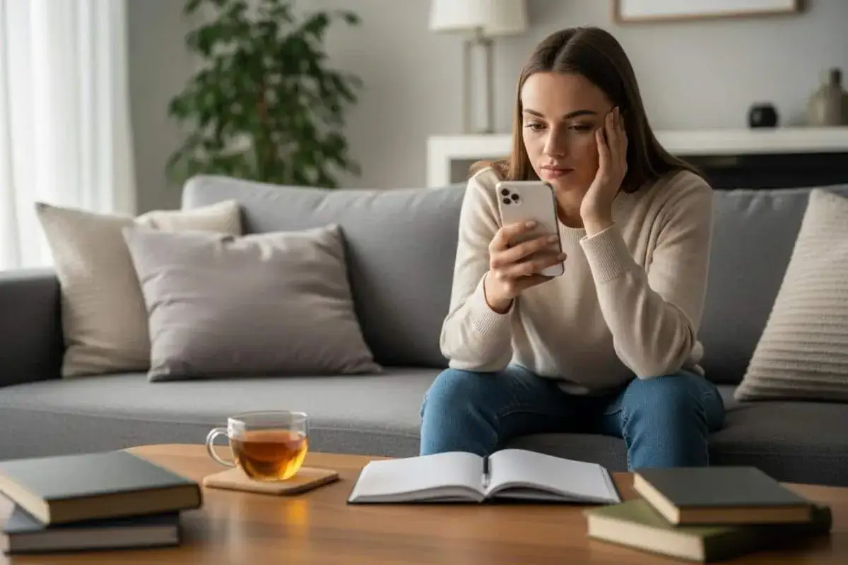 Elle attend, le cœur serré, que quelqu'un il me recontacte après 2 semaines silence. Un thé et des livres l'accompagnent.