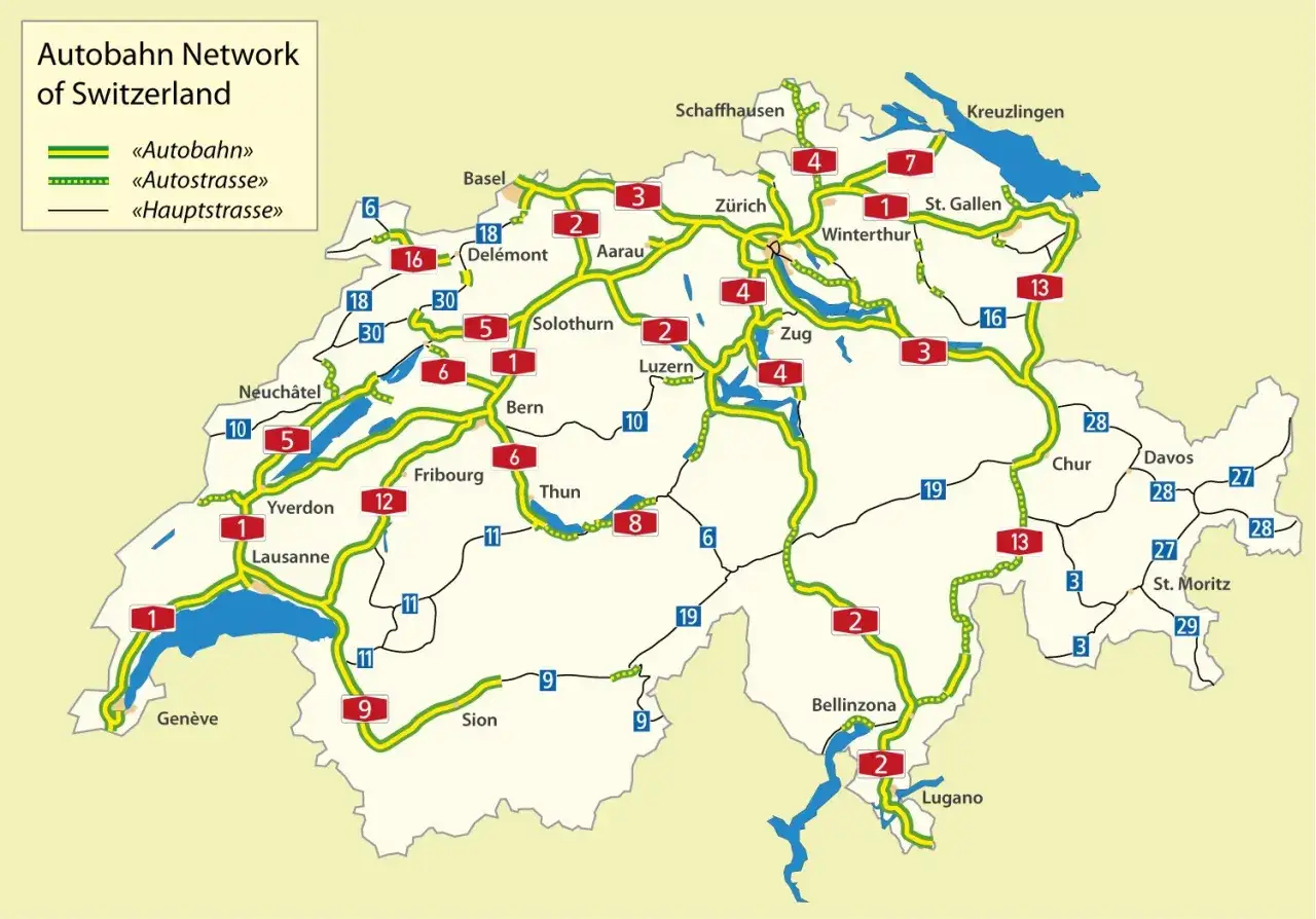 Mapa sieci autostrad Szwajcarii. Zielone linie oznaczają autostrady, zielone linie przerywane autostrady, a czarne linie drogi główne. Szwajcaria drogi płatne.