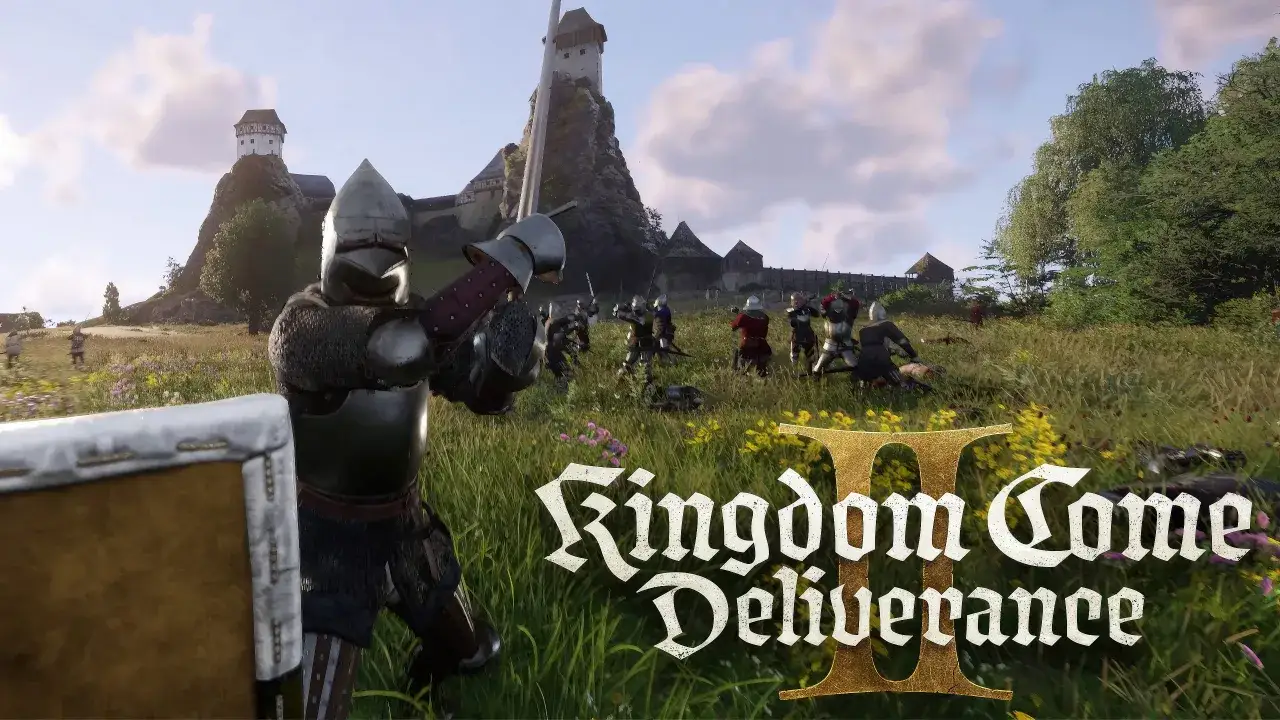 Rycerz w zbroi podnosi miecz, gotowy do walki. W tle zamek i inni wojownicy. Zapowiedź gry Kingdom Come: Deliverance II.