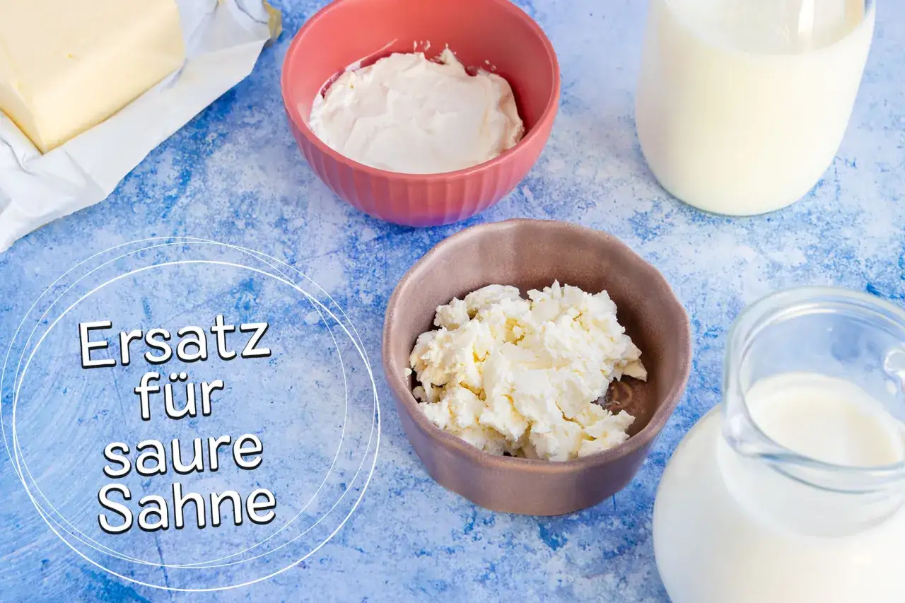Milchprodukte wie Quark, Butter und Milch werden als Ersatz für saure Sahne gezeigt.