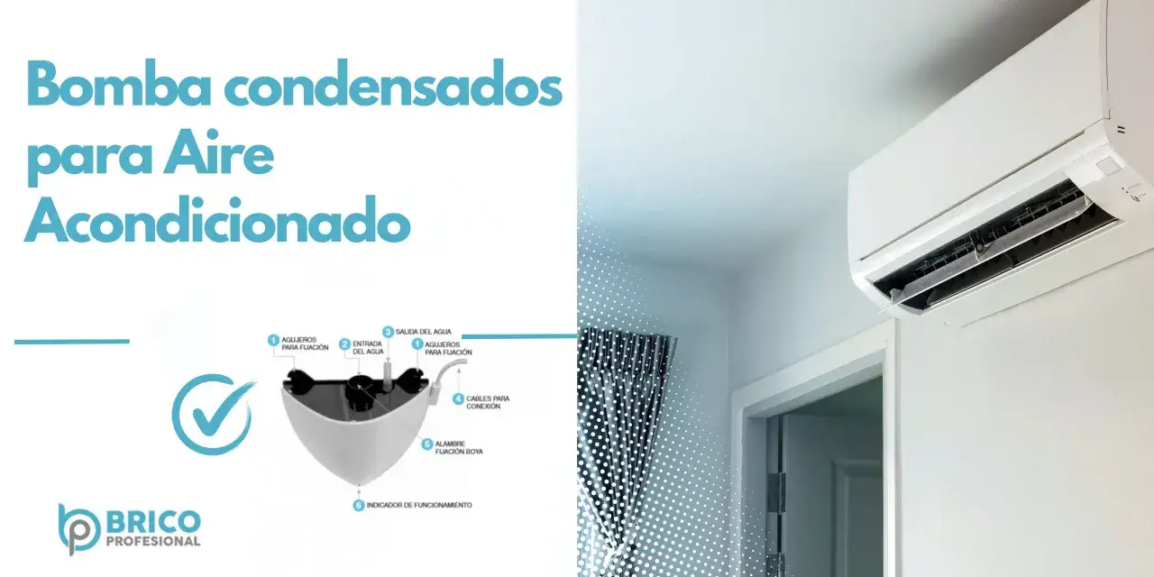 Bomba condensados para aire acondicionado, con diagrama de sus partes: entrada, salida de agua, fijación y conexión.