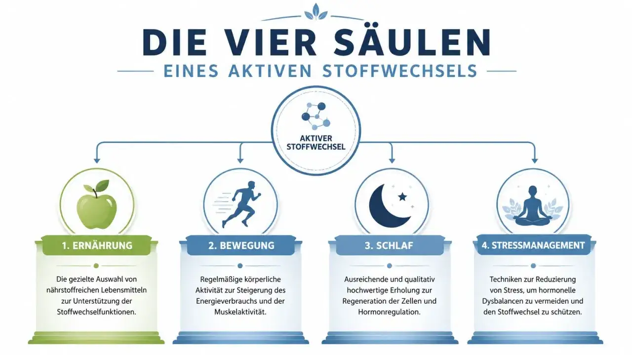 Die vier Säulen eines aktiven Stoffwechsels: Ernährung, Bewegung, Schlaf und Stressmanagement helfen, den Stoffwechsel anzukurbeln.