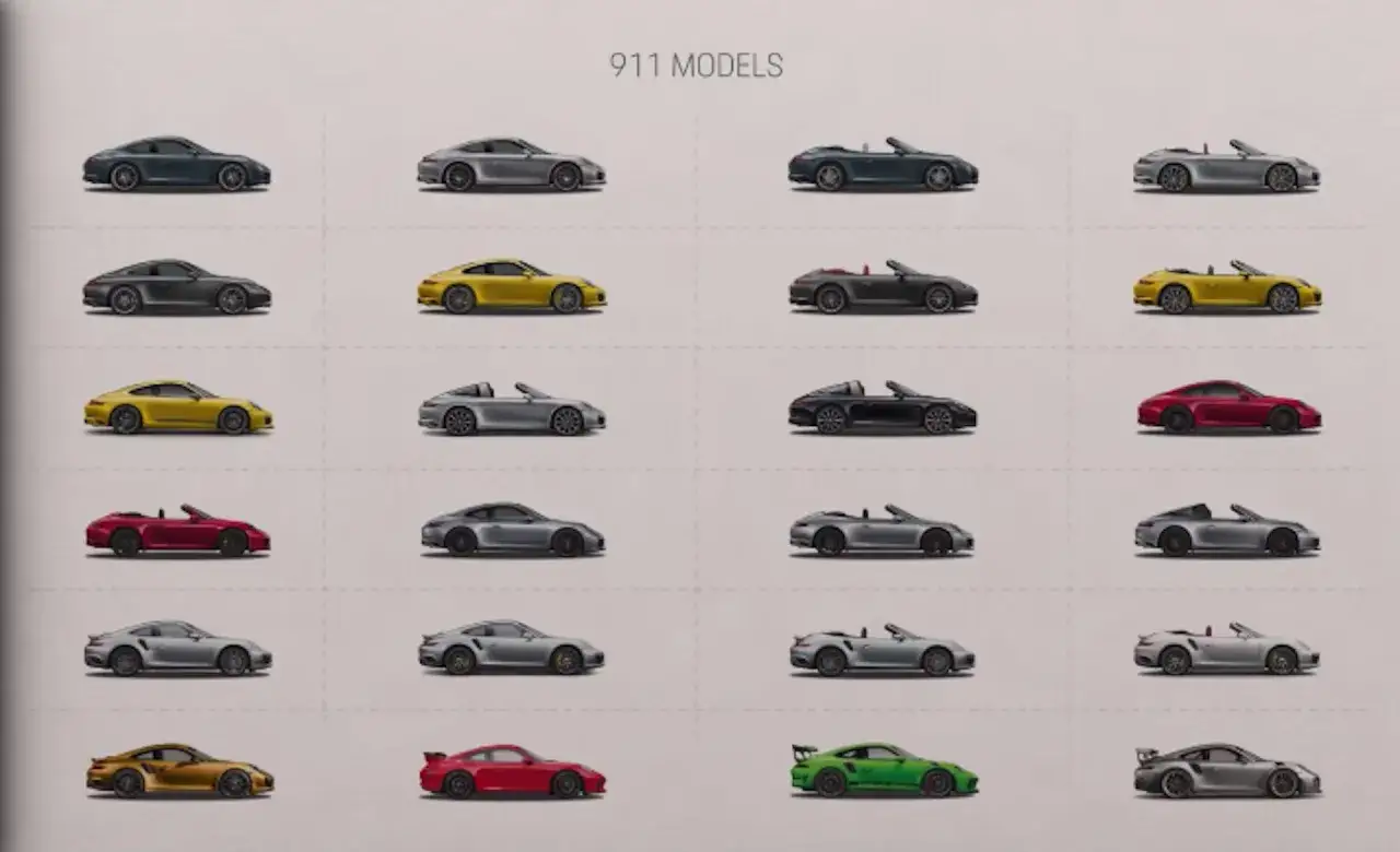 Verschiedene Porsche 911 Modelle, von Coup&eacute; bis Cabrio, in diversen Farben. Jedes Modell steht f&uuml;r beeindruckende Beschleunigung, wie der porsche 911 0-100 km/h beweist.