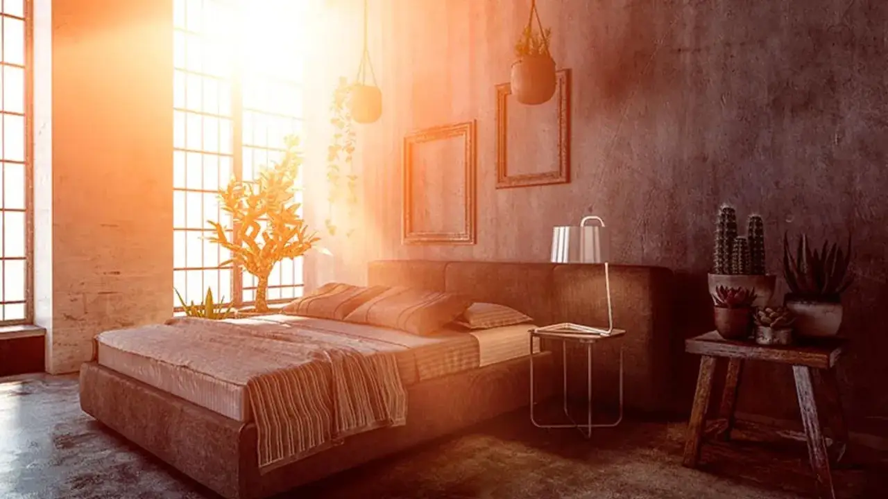 Dormitorios cálidos y acogedores bañados por la luz del sol. Una cama confortable, plantas y detalles rústicos crean un ambiente sereno.