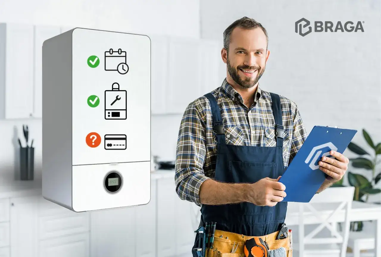Tecnico sorridente con appunti accanto a una caldaia. Icone indicano manutenzione programmata e pagamenti. Ideale per la prima manutenzione caldaia affitto.