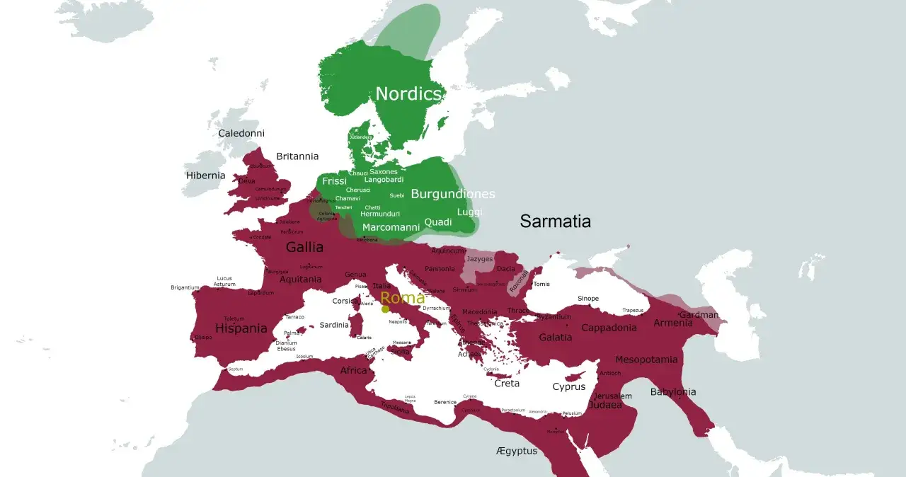 Mapa Europy z zaznaczonymi plemionami germańskimi, takimi jak Markomanni i Burgundiones, oraz obszarami Imperium Rzymskiego.